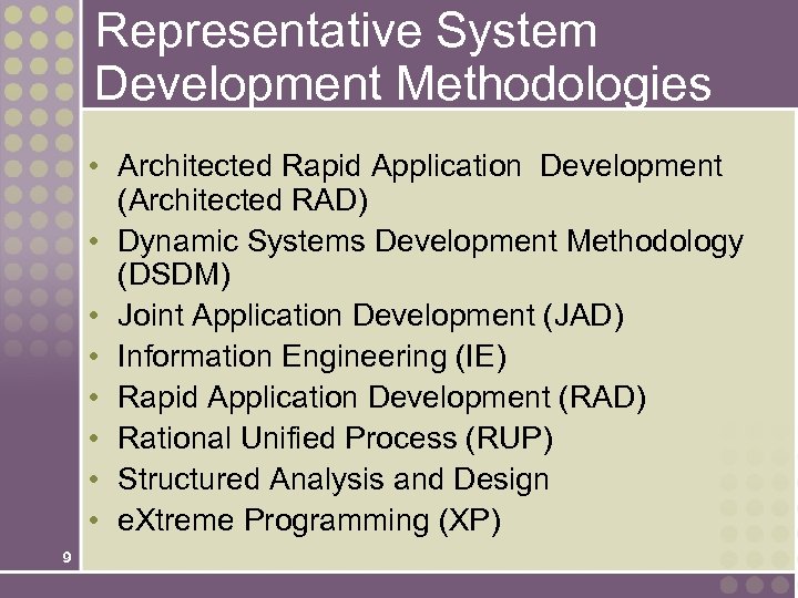 Representative System Development Methodologies • Architected Rapid Application Development (Architected RAD) • Dynamic Systems