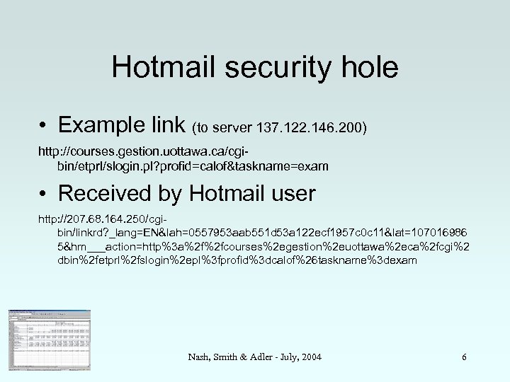 Hotmail security hole • Example link (to server 137. 122. 146. 200) http: //courses.
