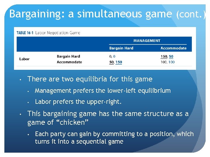 Bargaining: a simultaneous game (cont. ) • There are two equilibria for this game