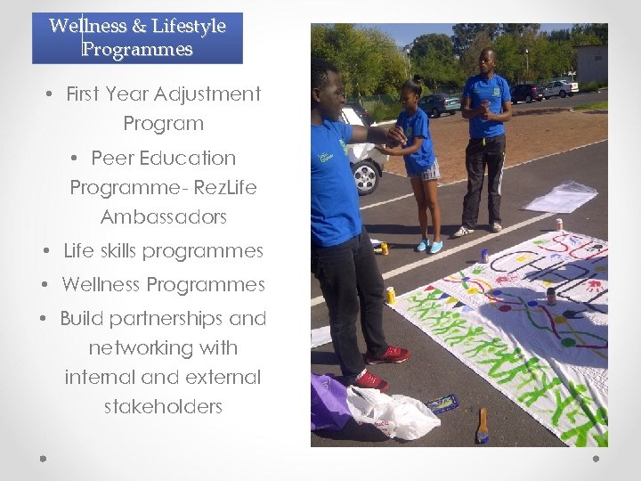 Wellness & Lifestyle Programmes • First Year Adjustment Program • Peer Education Programme- Rez.