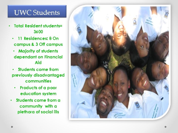 UWC Students • Total Resident students= 3600 • 11 Residences: 8 On campus &