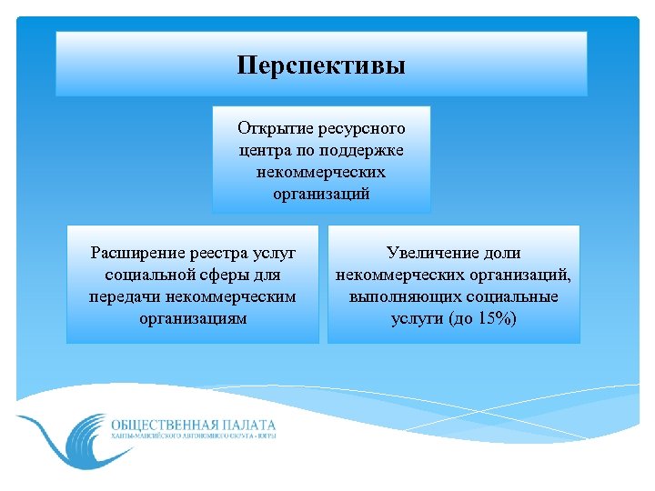 Перспективы Открытие ресурсного центра по поддержке некоммерческих организаций Расширение реестра услуг социальной сферы для