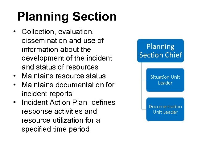 Planning Section • Collection, evaluation, dissemination and use of information about the development of