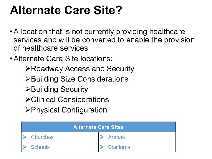 Alternate Care Site? • A location that is not currently providing healthcare services and