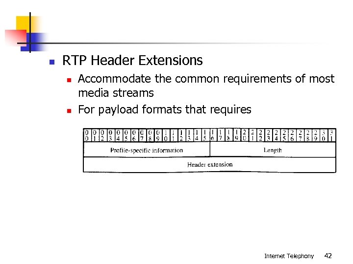 n RTP Header Extensions n n Accommodate the common requirements of most media streams