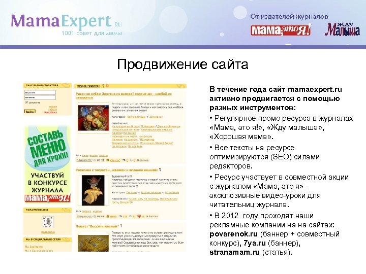 Продвижение сайта В течение года сайт mamaexpert. ru активно продвигается с помощью разных инструментов: