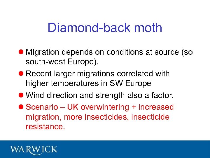 Diamond-back moth l Migration depends on conditions at source (so south-west Europe). l Recent