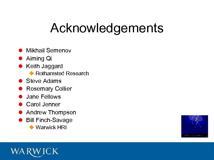 Acknowledgements l Mikhail Semenov l Aiming Qi l Keith Jaggard u Rothamsted Research l