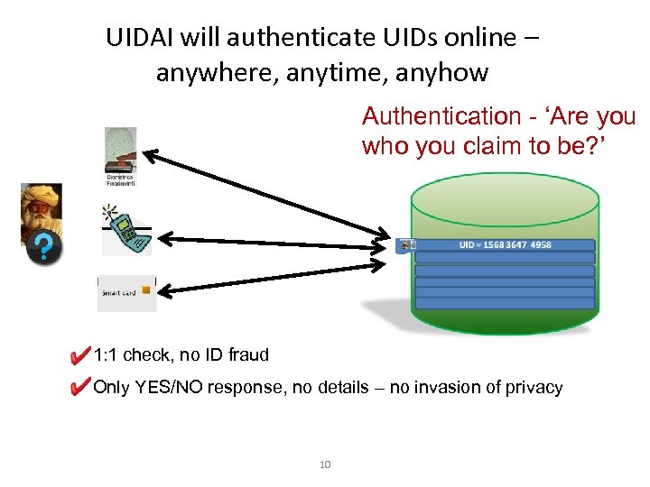 UIDAI will authenticate UIDs online – anywhere, anytime, anyhow Authentication - ‘Are you who