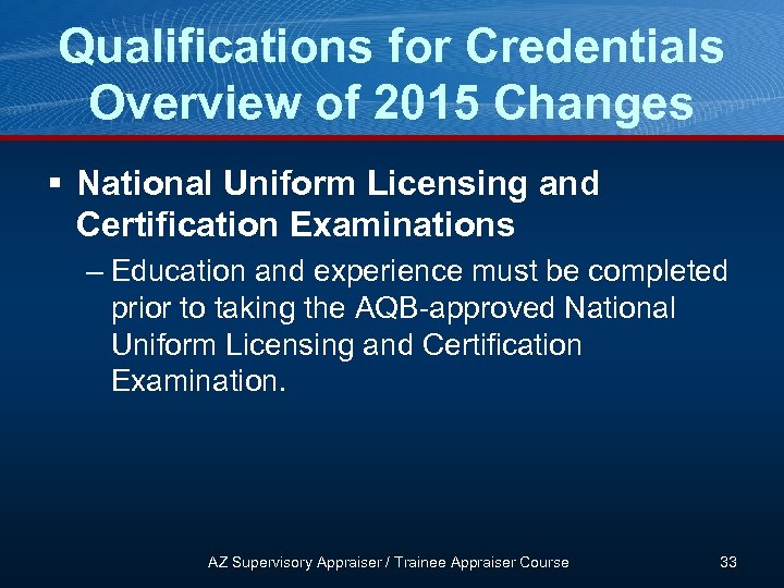 Qualifications for Credentials Overview of 2015 Changes § National Uniform Licensing and Certification Examinations