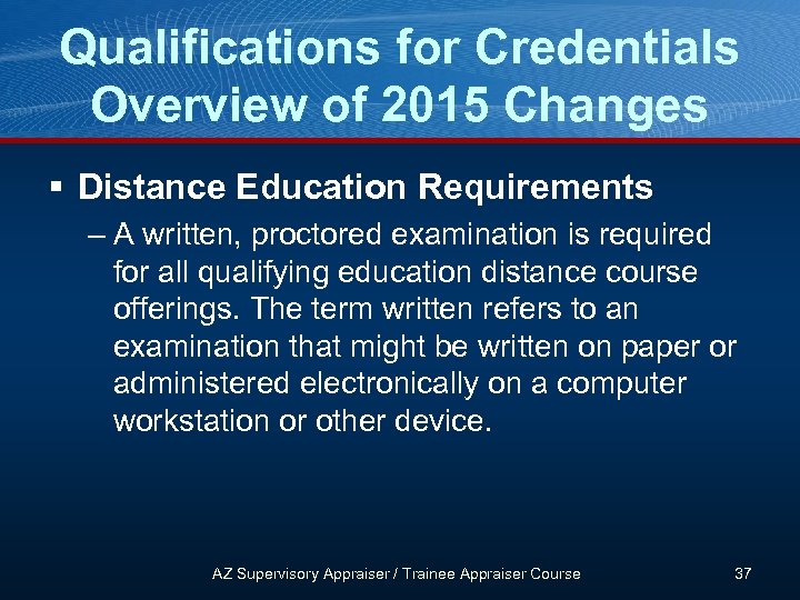 Qualifications for Credentials Overview of 2015 Changes § Distance Education Requirements – A written,