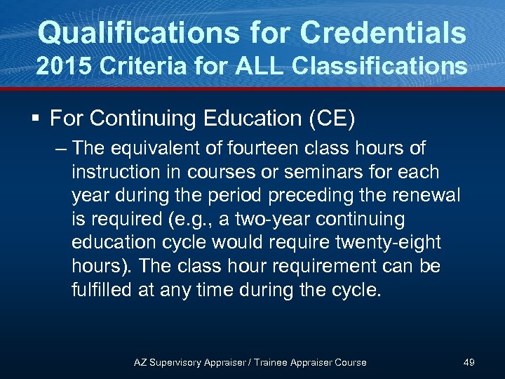 Qualifications for Credentials 2015 Criteria for ALL Classifications § For Continuing Education (CE) –
