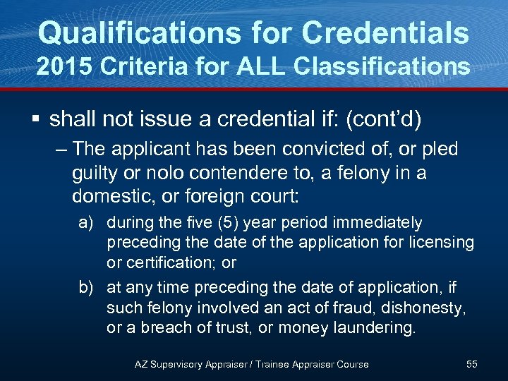 Qualifications for Credentials 2015 Criteria for ALL Classifications § shall not issue a credential