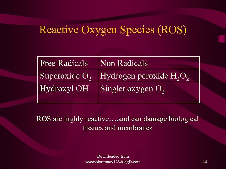 Reactive Oxygen Species (ROS) Free Radicals Superoxide O 2 Hydroxyl OH Non Radicals Hydrogen