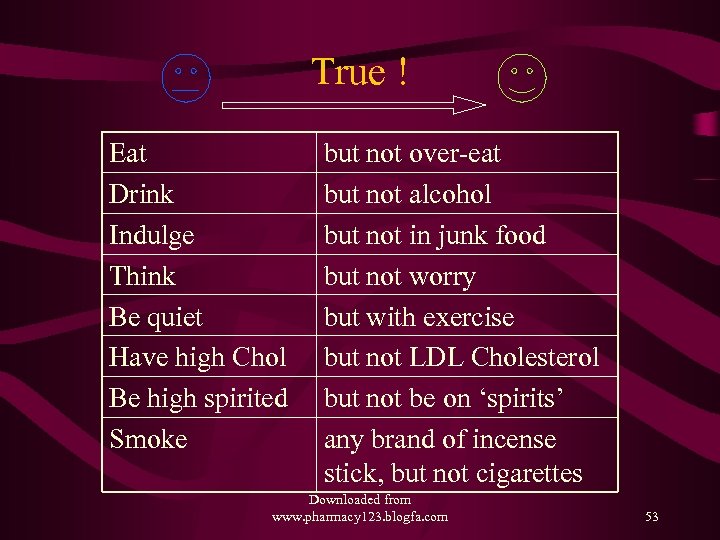 True ! Eat Drink Indulge Think Be quiet Have high Chol Be high spirited