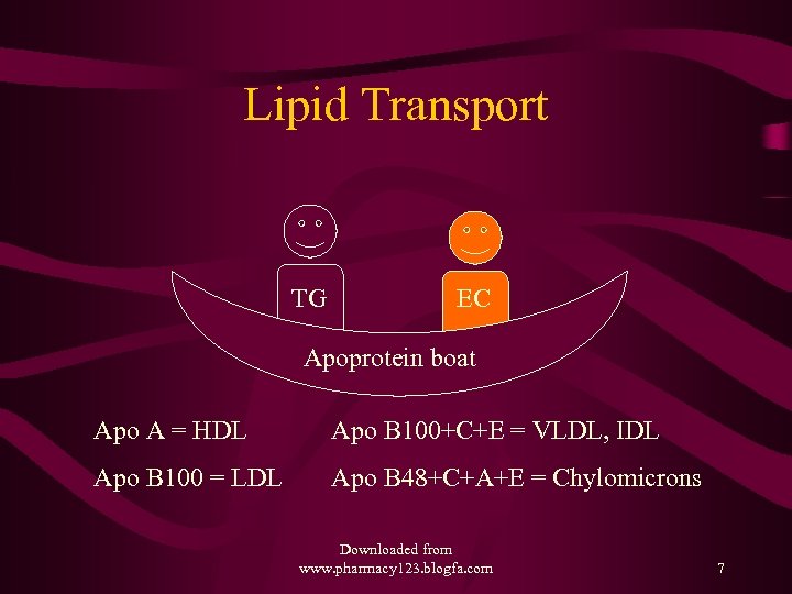 Lipid Transport TG EC Apoprotein boat Apo A = HDL Apo B 100+C+E =