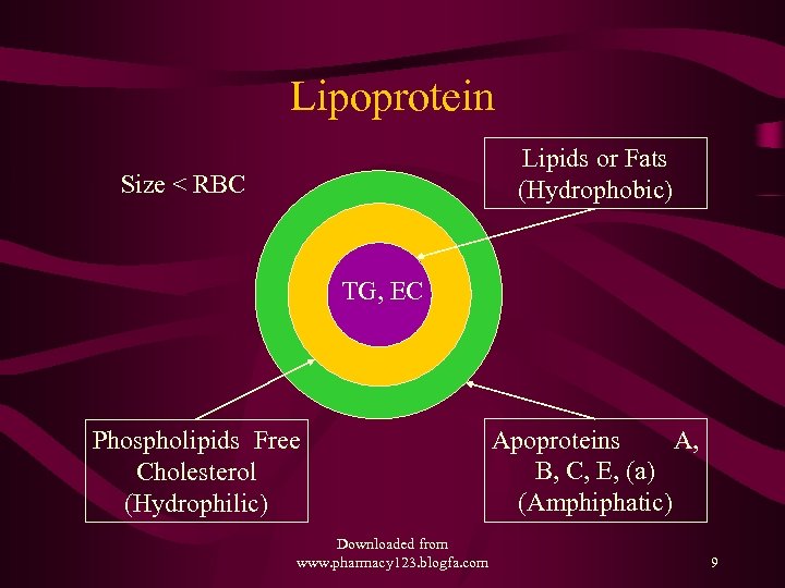 Lipoprotein Lipids or Fats (Hydrophobic) Size < RBC TG, EC Phospholipids Free Cholesterol (Hydrophilic)