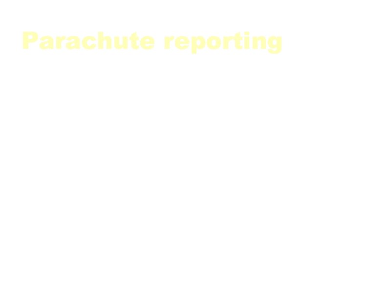Parachute reporting Journalists parachute themselves to different places for short periods of time. What