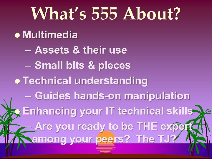 What’s 555 About? l Multimedia – Assets & their use – Small bits &