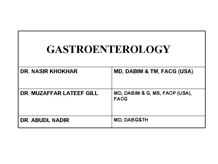 GASTROENTEROLOGY DR. NASIR KHOKHAR MD, DABIM & TM, FACG (USA) DR. MUZAFFAR LATEEF GILL