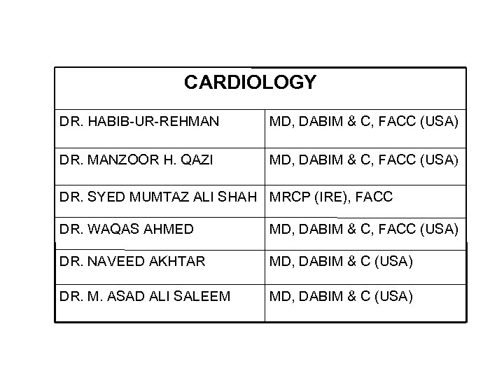 CARDIOLOGY DR. HABIB-UR-REHMAN MD, DABIM & C, FACC (USA) DR. MANZOOR H. QAZI MD,