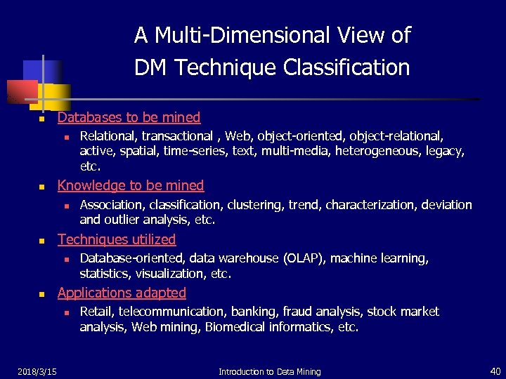 A Multi-Dimensional View of DM Technique Classification n Databases to be mined n n