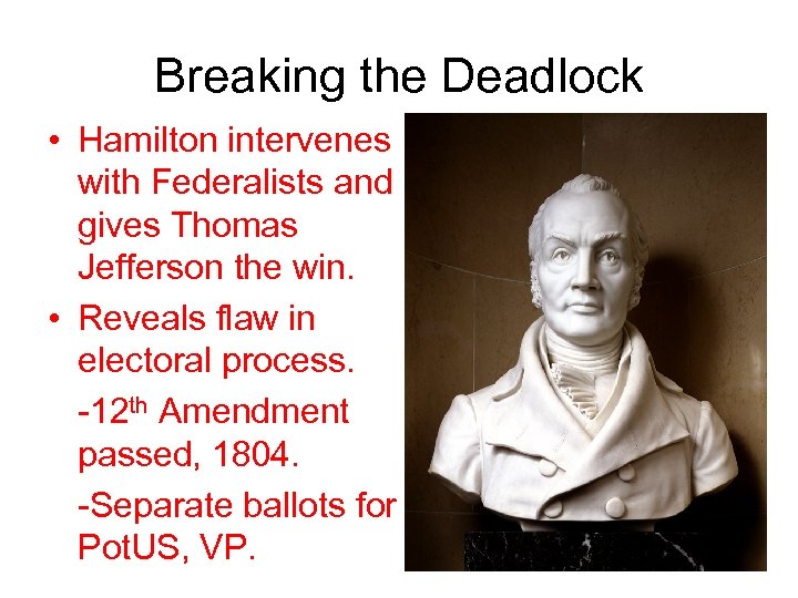 Breaking the Deadlock • Hamilton intervenes with Federalists and gives Thomas Jefferson the win.