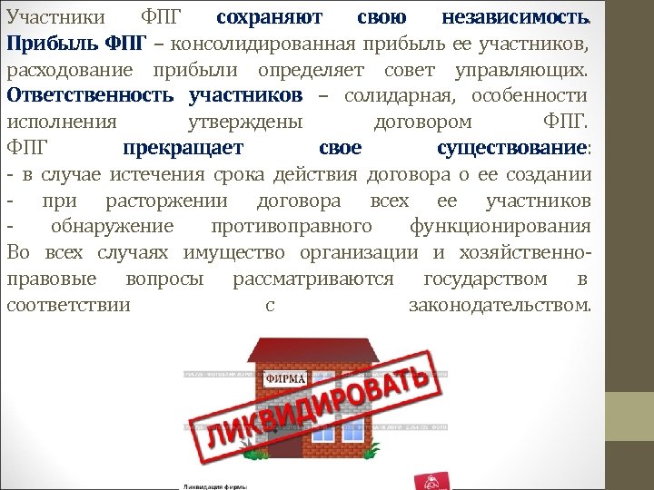Участники ФПГ сохраняют свою независимость Прибыль ФПГ – консолидированная прибыль ее участников, расходование прибыли
