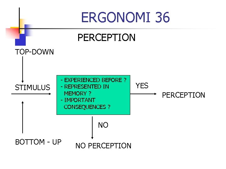 ERGONOMI 36 PERCEPTION TOP-DOWN STIMULUS - EXPERIENCED BEFORE ? - REPRESENTED IN MEMORY ?