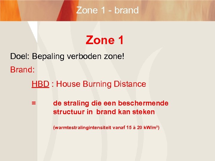 Zone 1 - brand Zone 1 Doel: Bepaling verboden zone! Brand: HBD : House