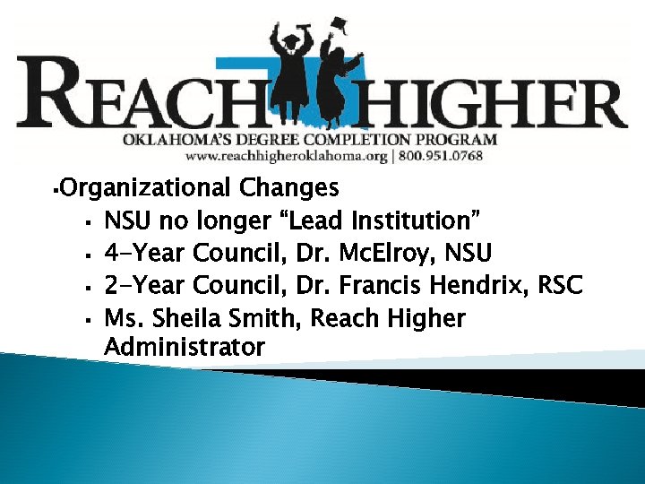 §Organizational § § Changes NSU no longer “Lead Institution” 4 -Year Council, Dr. Mc.