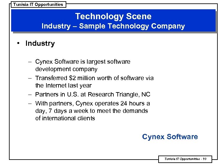 Tunisia IT Opportunities Technology Scene Industry – Sample Technology Company • Industry – Cynex