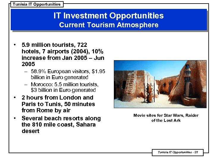 Tunisia IT Opportunities IT Investment Opportunities Current Tourism Atmosphere • 5. 9 million tourists,