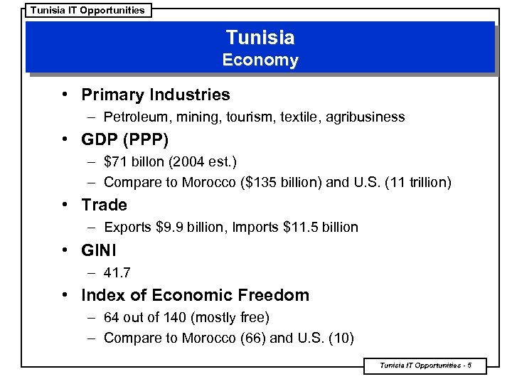 Tunisia IT Opportunities Tunisia Economy • Primary Industries – Petroleum, mining, tourism, textile, agribusiness