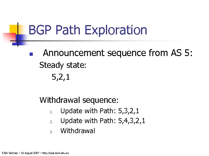 BGP Path Exploration n Announcement sequence from AS 5: Steady state: 5, 2, 1
