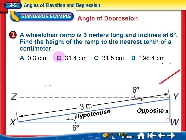 Angle of Depression A wheelchair ramp is 3 meters long and inclines at 6°.