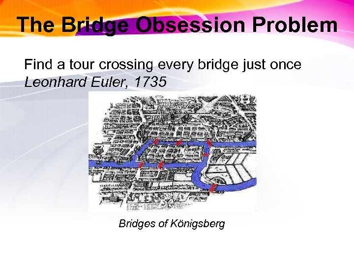 The Bridge Obsession Problem Find a tour crossing every bridge just once Leonhard Euler,