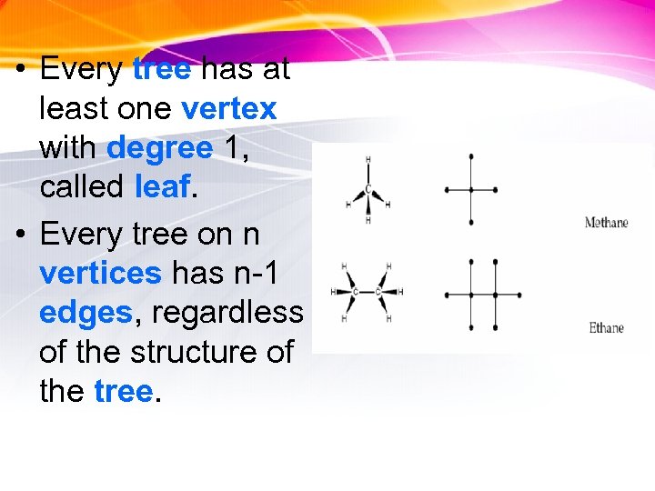  • Every tree has at least one vertex with degree 1, called leaf.