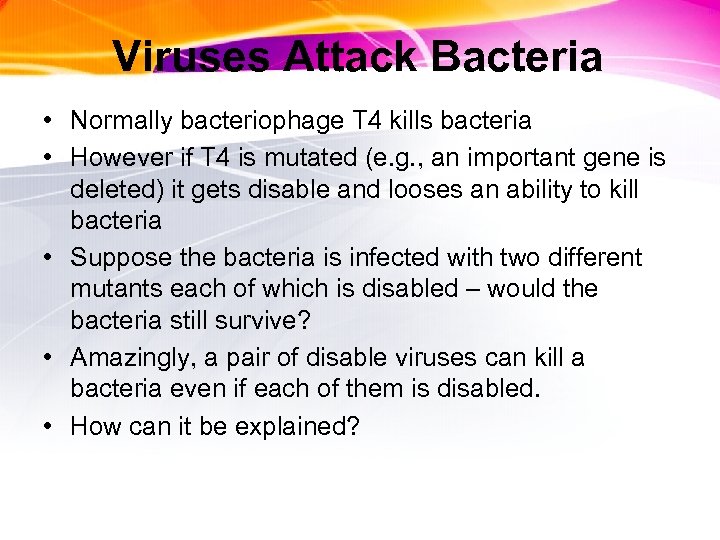 Viruses Attack Bacteria • Normally bacteriophage T 4 kills bacteria • However if T