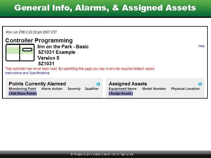 General Info, Alarms, & Assigned Assets 