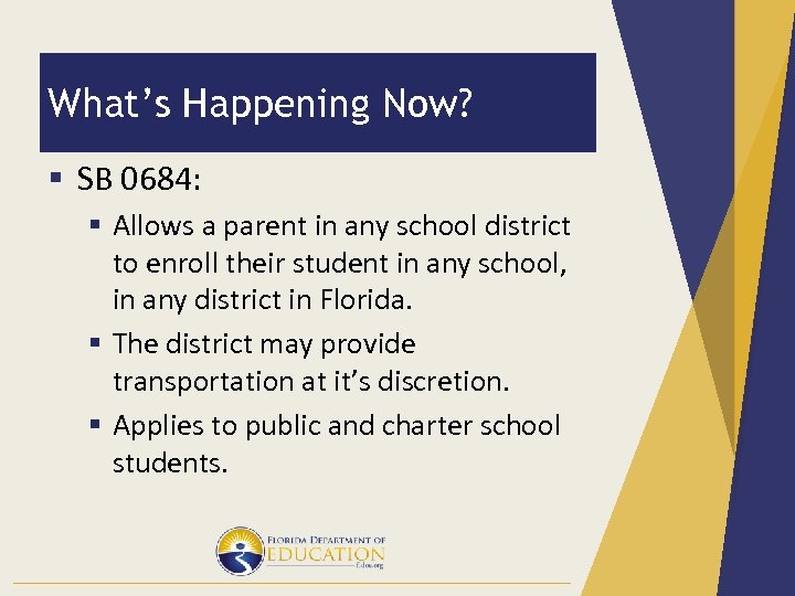 What’s Happening Now? § SB 0684: § Allows a parent in any school district