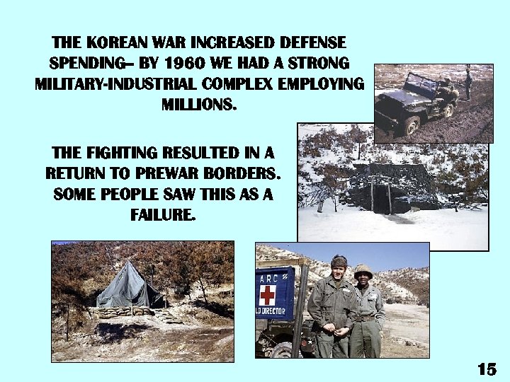 THE KOREAN WAR INCREASED DEFENSE SPENDING-- BY 1960 WE HAD A STRONG MILITARY-INDUSTRIAL COMPLEX