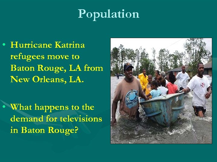 Population • Hurricane Katrina refugees move to Baton Rouge, LA from New Orleans, LA.