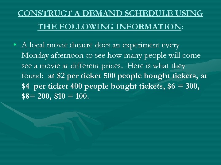 CONSTRUCT A DEMAND SCHEDULE USING THE FOLLOWING INFORMATION: • A local movie theatre does