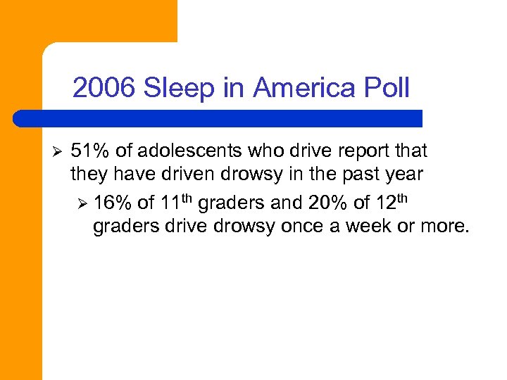 2006 Sleep in America Poll Ø 51% of adolescents who drive report that they