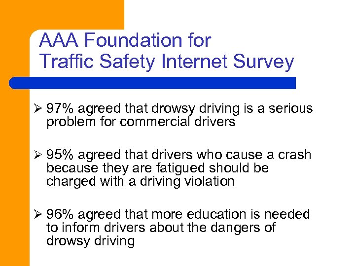 AAA Foundation for Traffic Safety Internet Survey Ø 97% agreed that drowsy driving is
