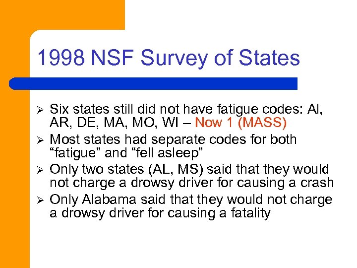 1998 NSF Survey of States Ø Ø Six states still did not have fatigue