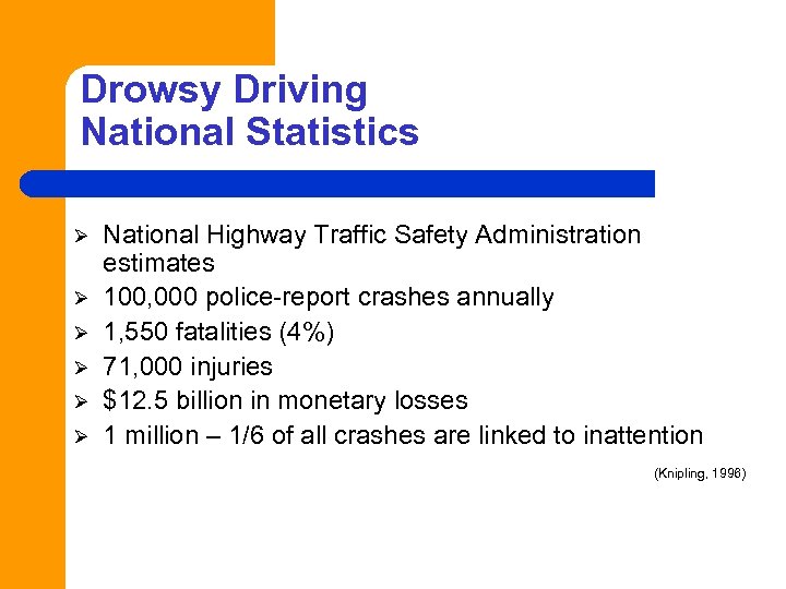 Drowsy Driving National Statistics Ø Ø Ø National Highway Traffic Safety Administration estimates 100,