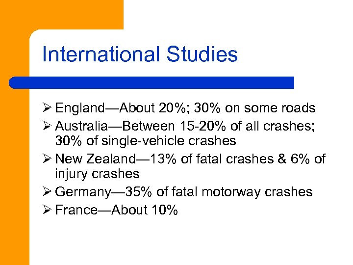 International Studies Ø England—About 20%; 30% on some roads Ø Australia—Between 15 -20% of