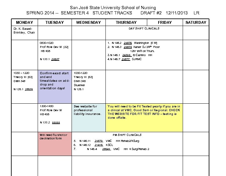 San José State University School of Nursing SPRING 2014 -- SEMESTER 4 STUDENT TRACKS